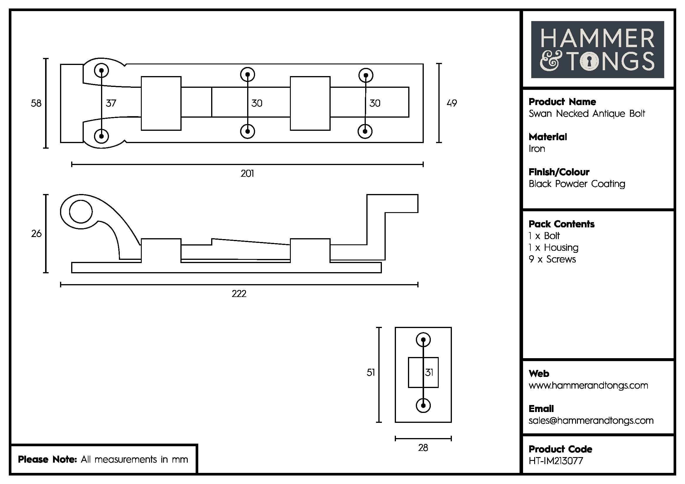 200mm Black Cranked Antique Fish Tail Bolt