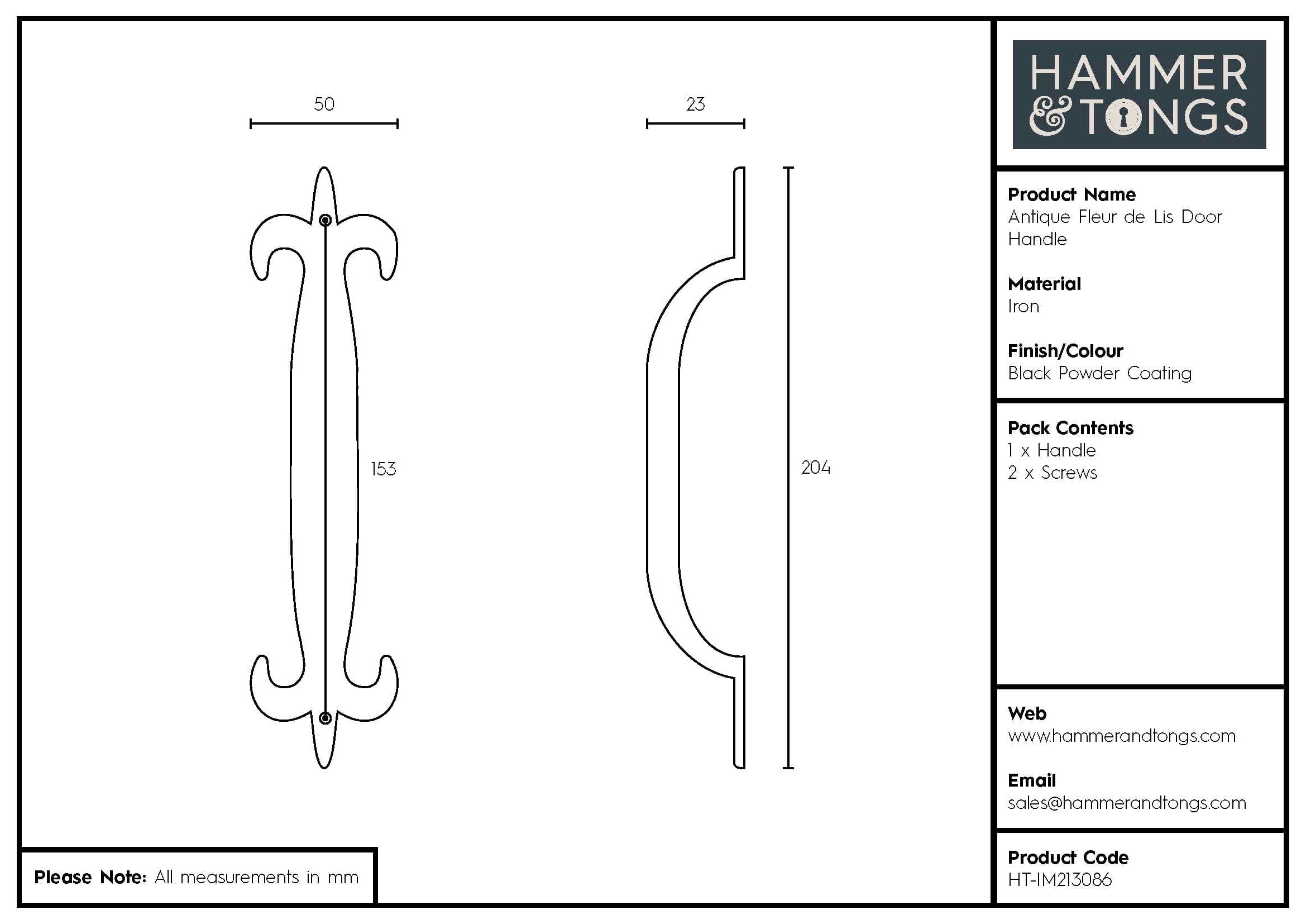 205mm Black Antique Fleur De Lis Door Handle