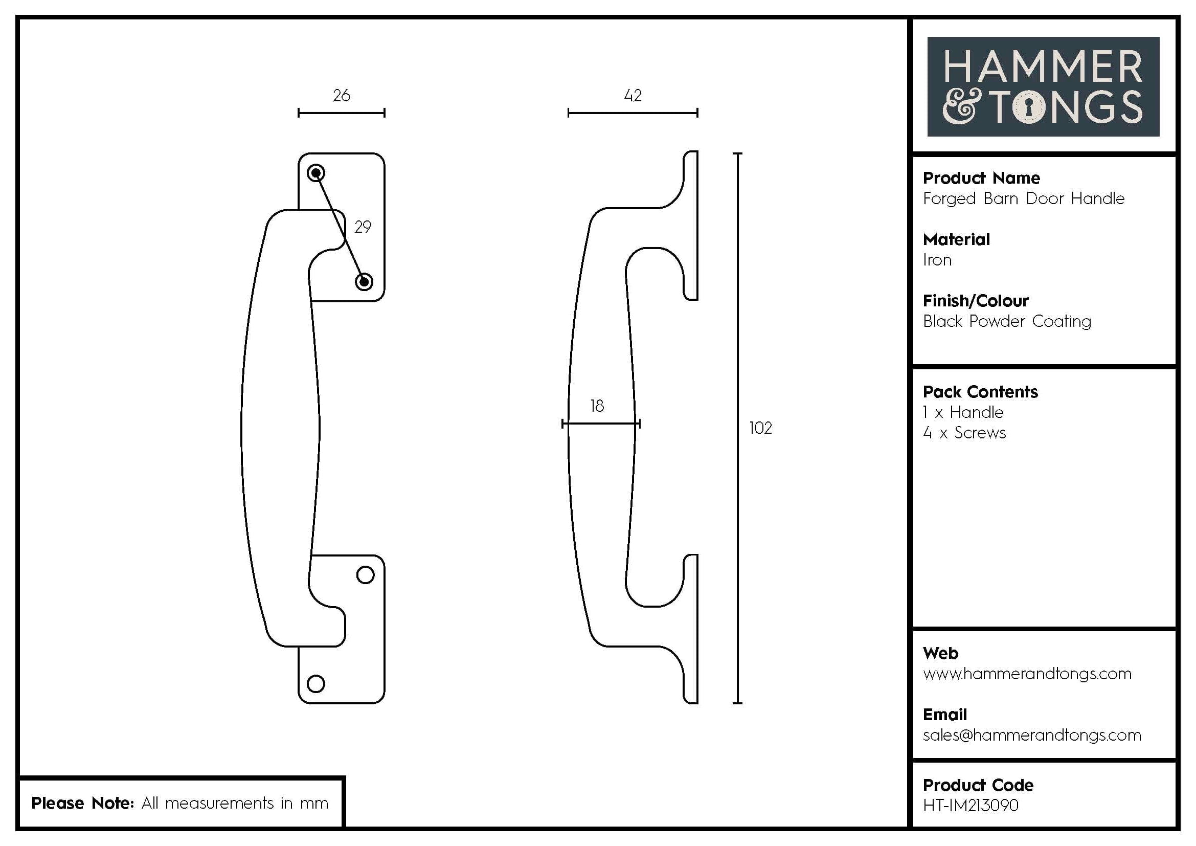 100mm Black Forged Barn Door Handle
