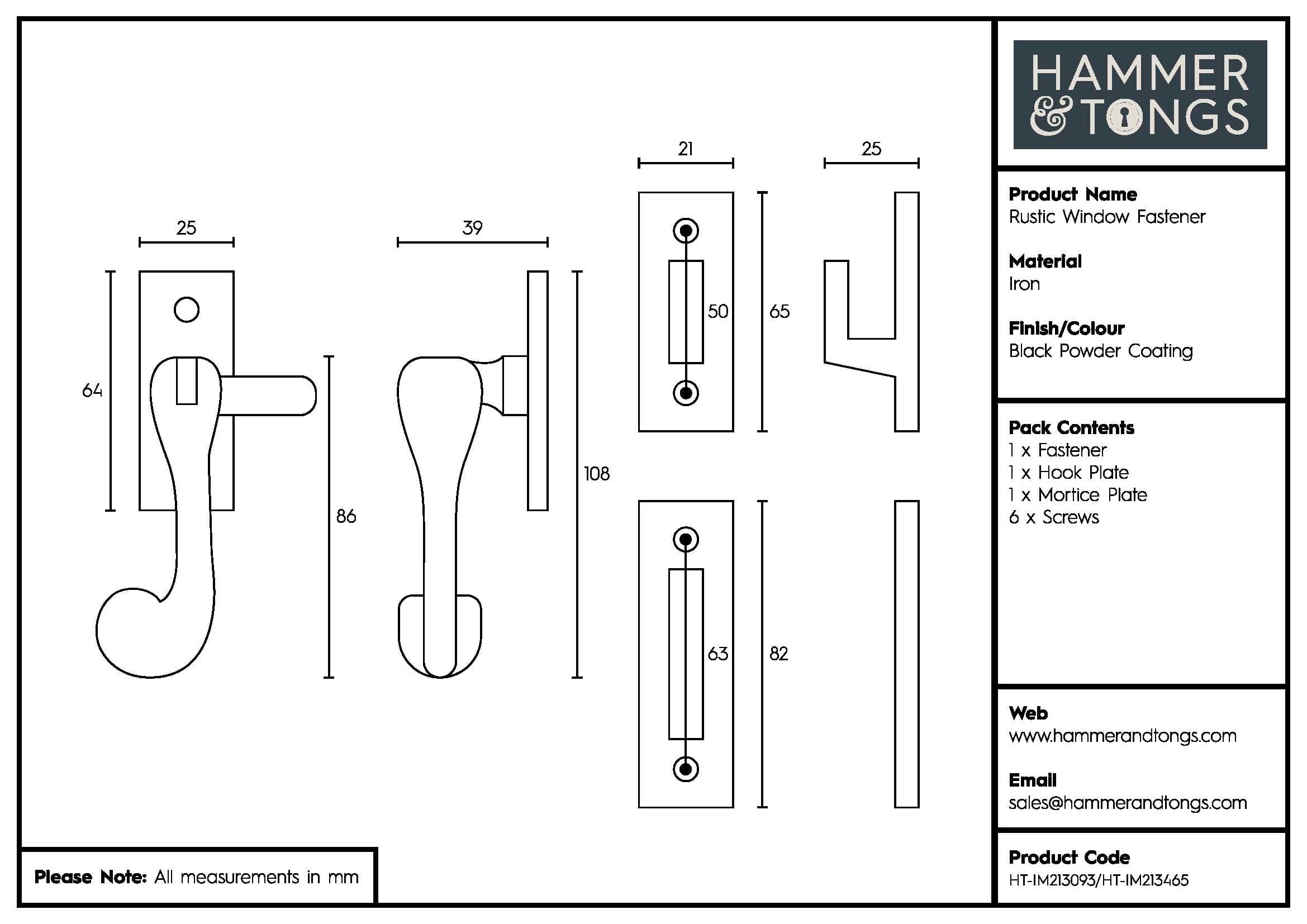 45mm x 110mm Black Rustic Left Handed Window Fastener