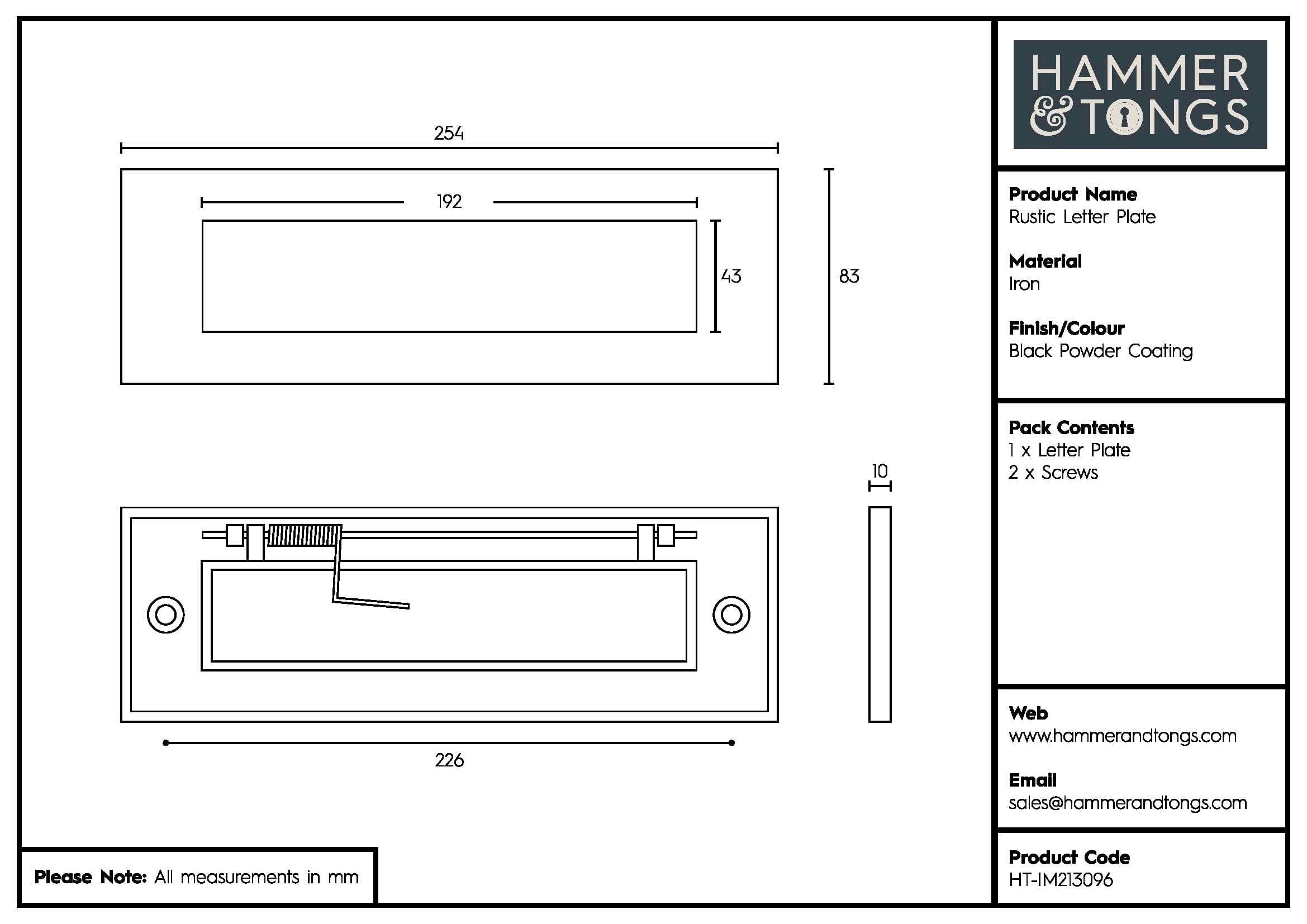 255mm x 85mm Black Rustic Letter Plate
