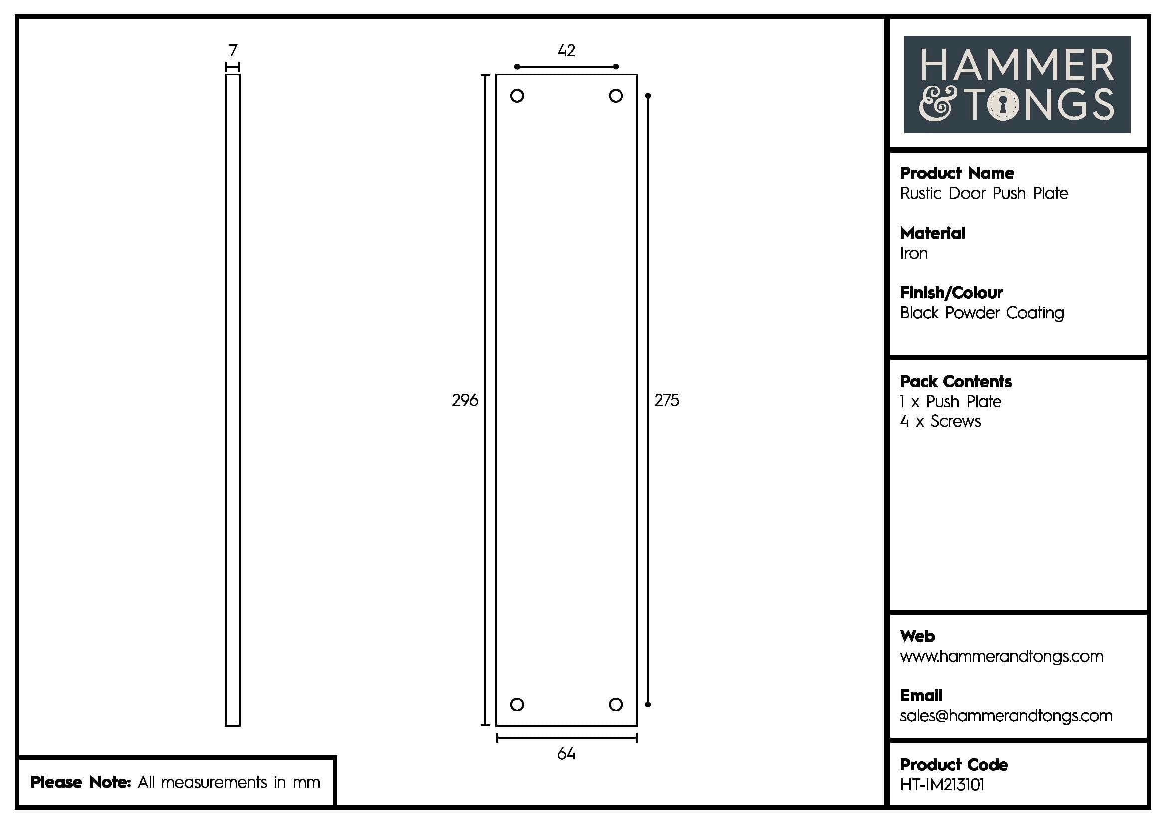 65mm x 295mm Black Rustic Door Push Plate