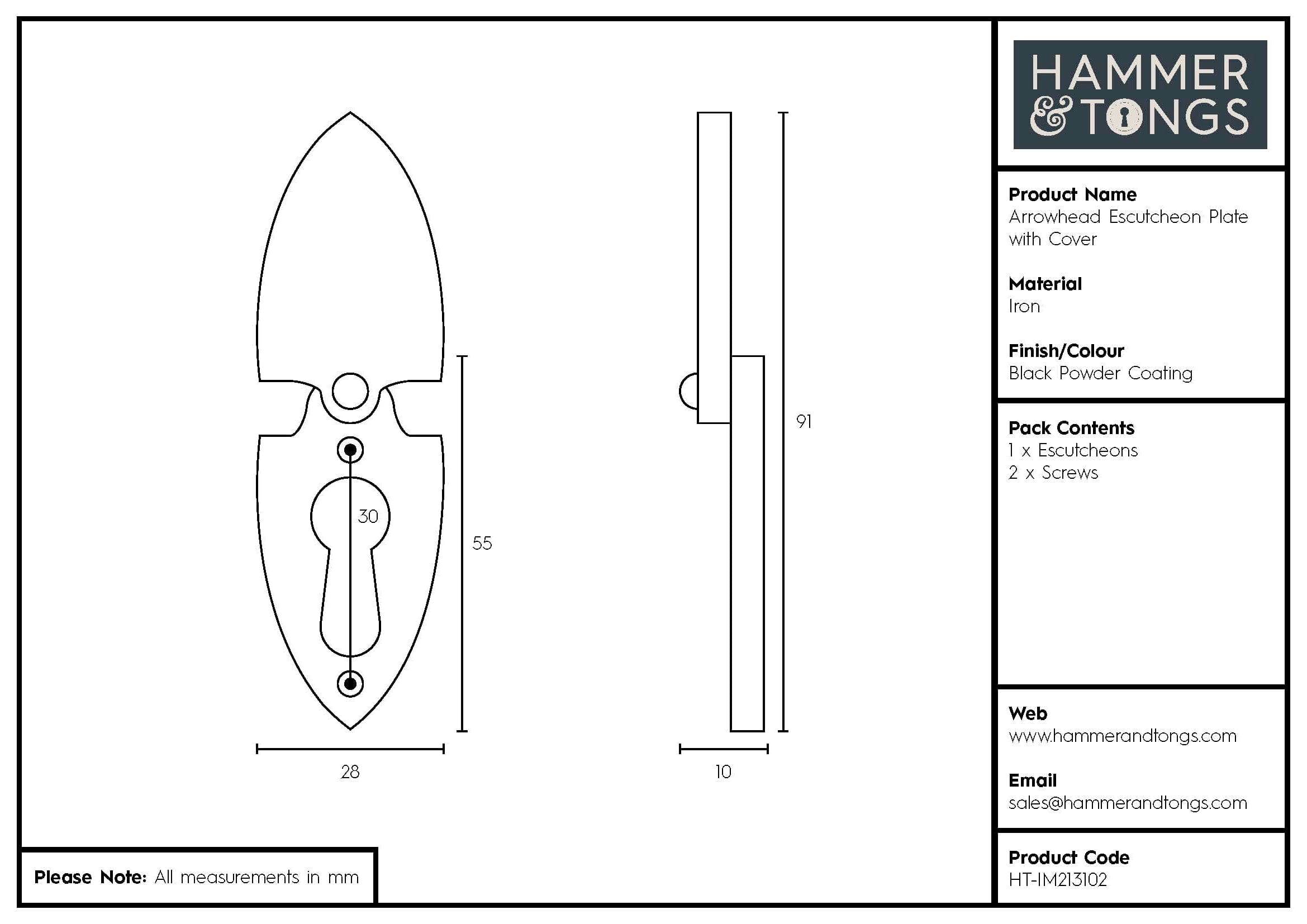 30mm x 55mm Black Arrowhead Escutcheon Plate with Cover