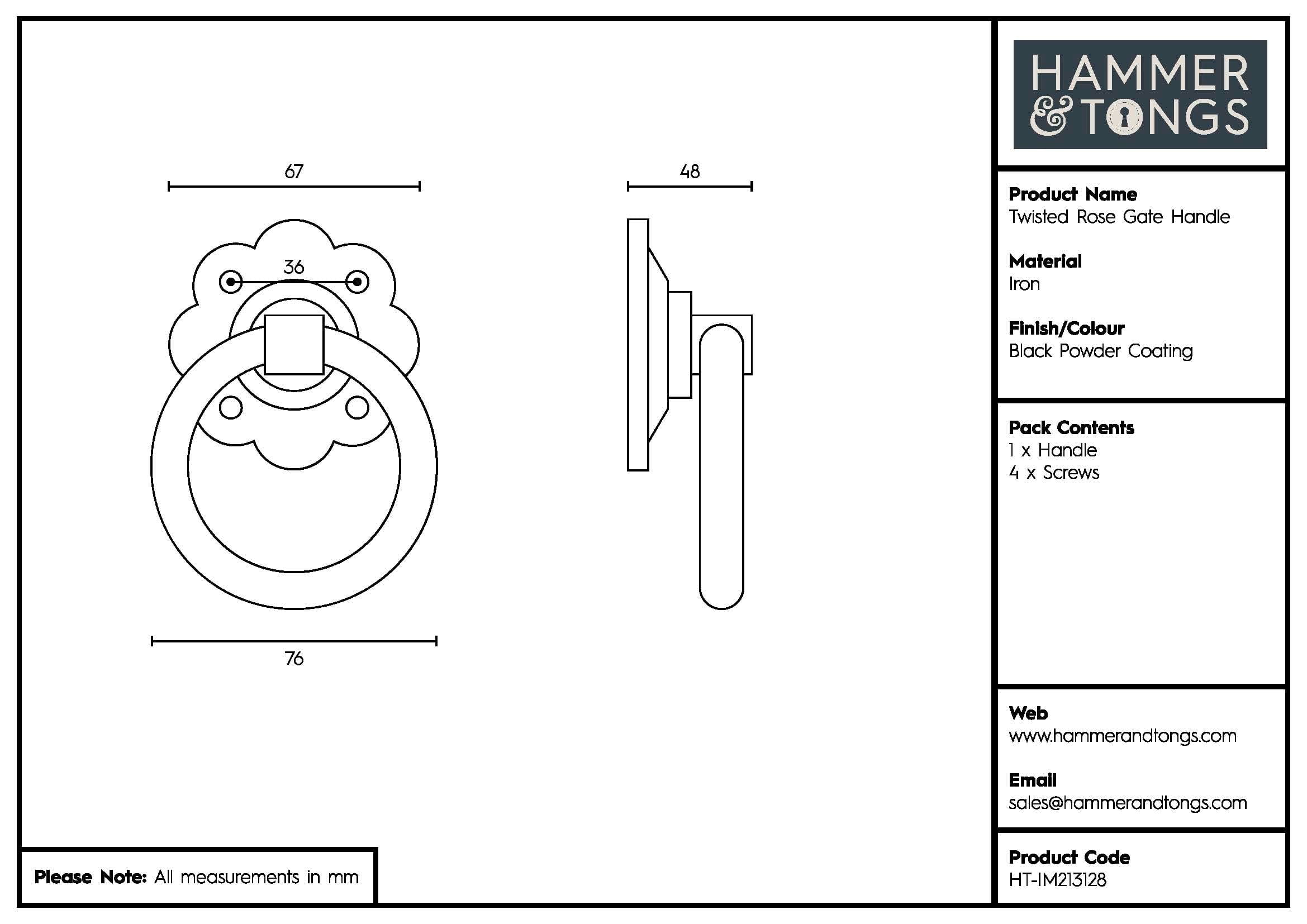 75mm Black Twisted Rose Gate Handle