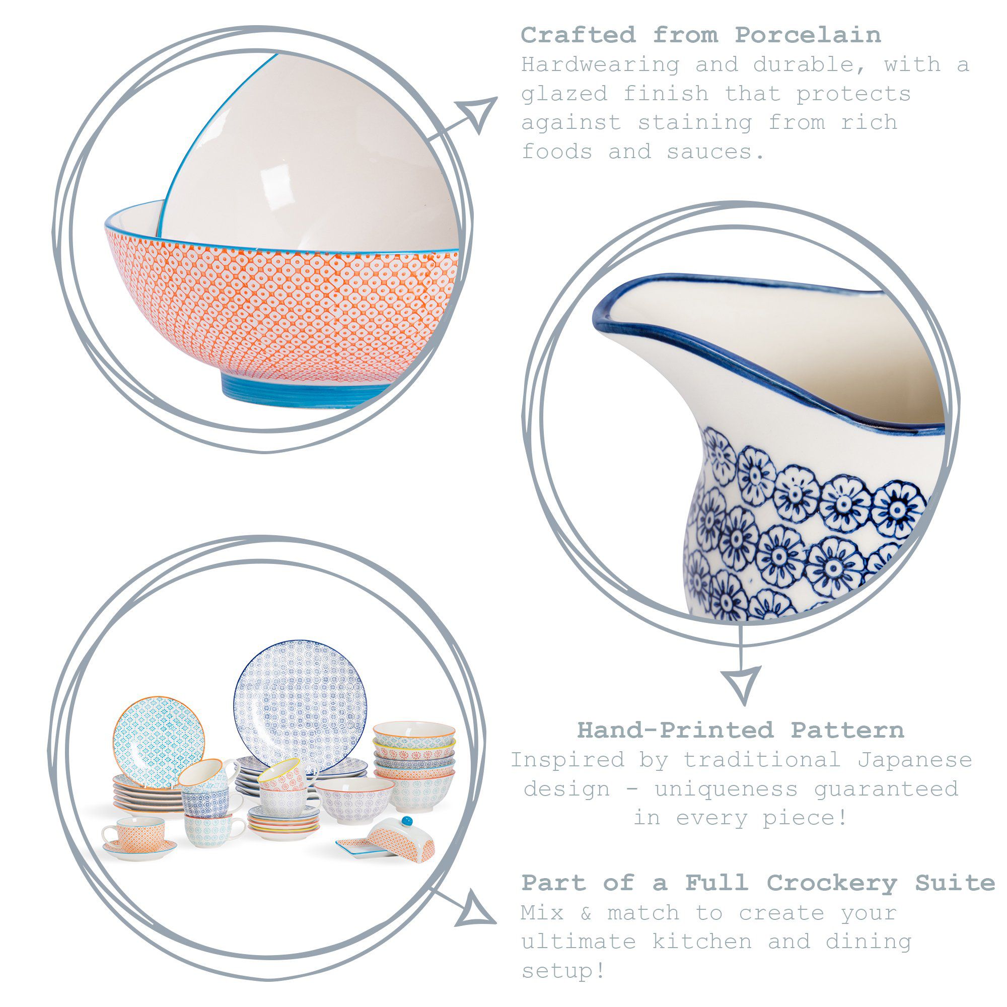 22cm Hand Printed Stoneware Pasta Bowls - Pack of Six