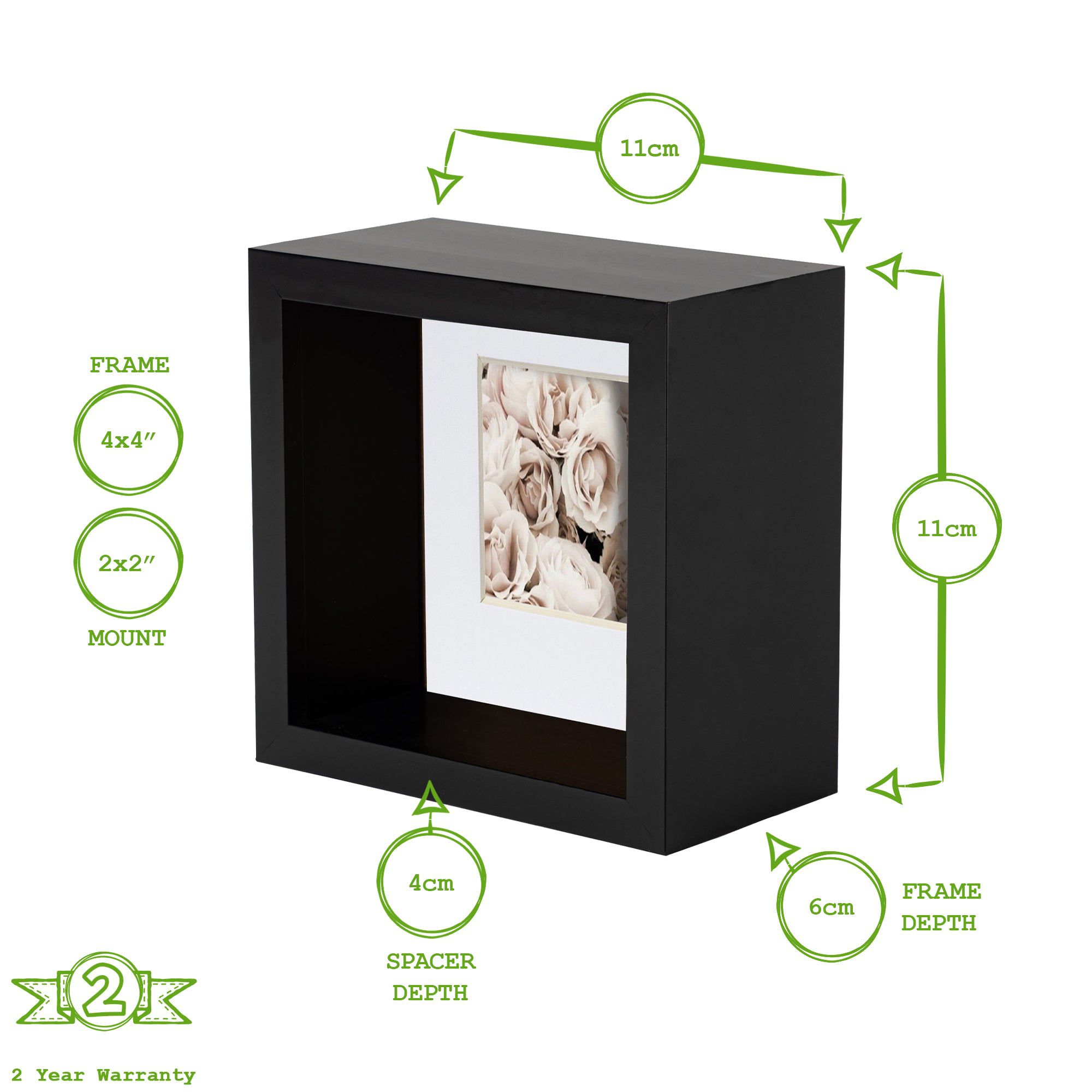 4" x 4" 3D Deep Box Black Photo Frame with 2" x 2" Mount