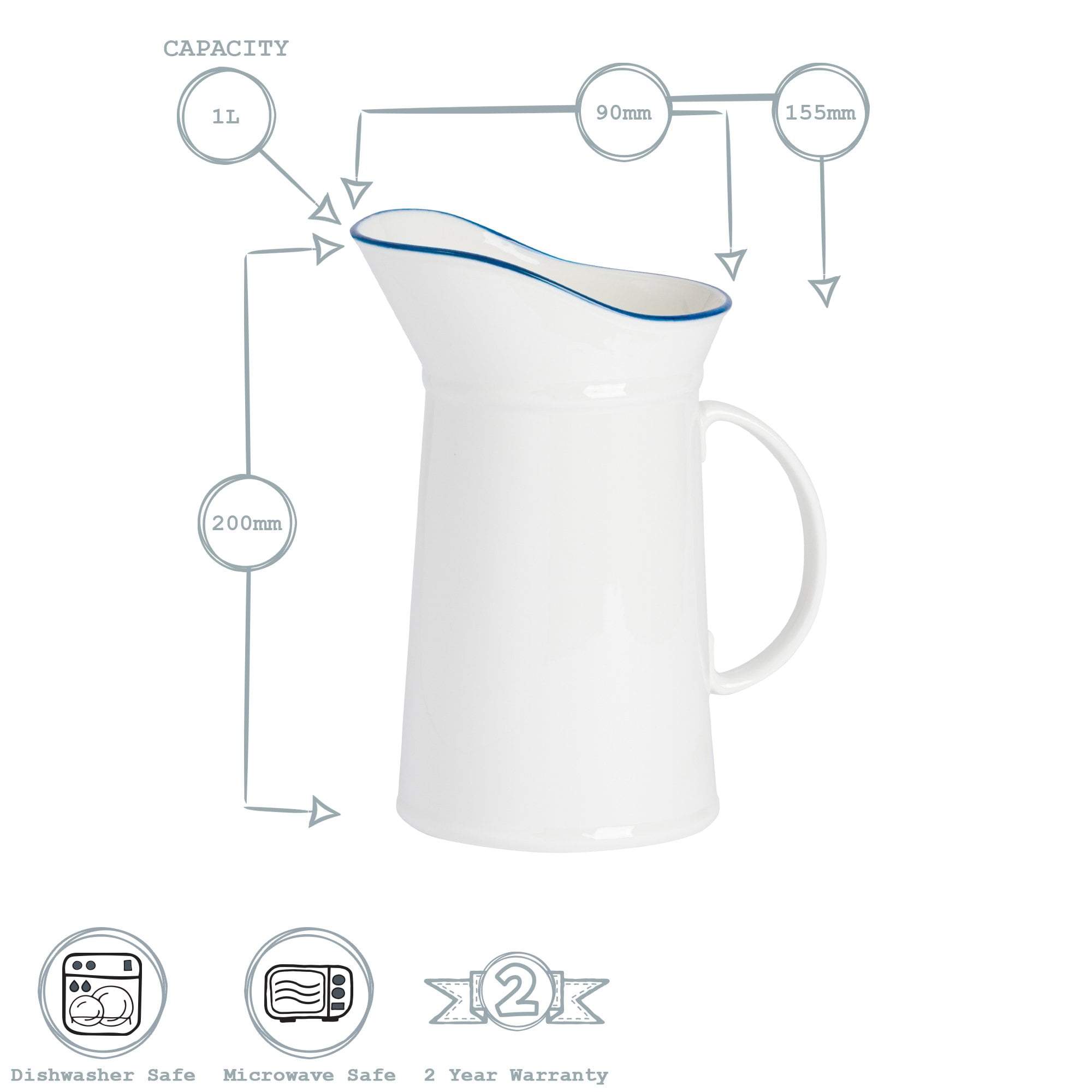 1L Farmhouse White Porcelain Water, Milk or Gravy Jug