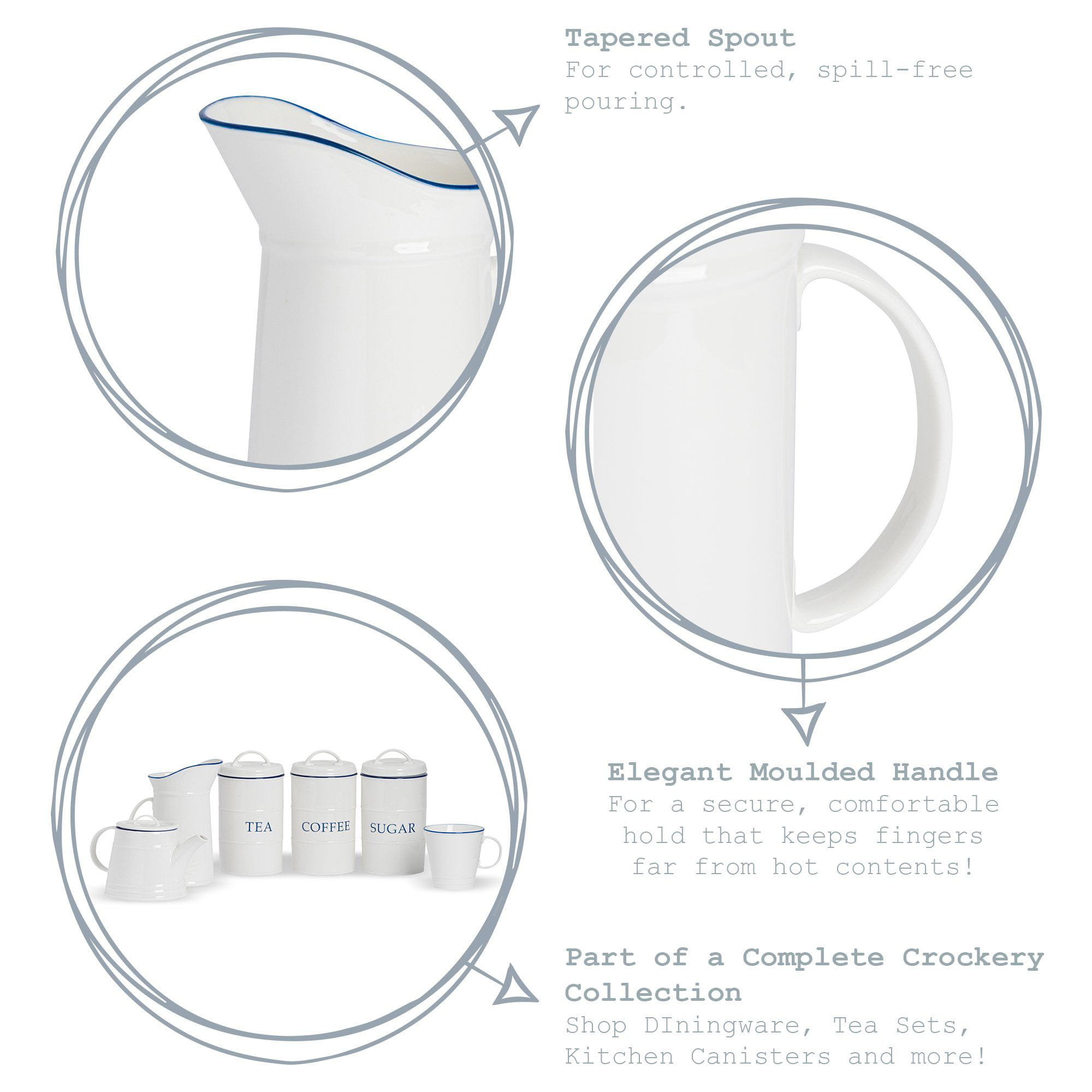 1L Farmhouse White Porcelain Water, Milk or Gravy Jug