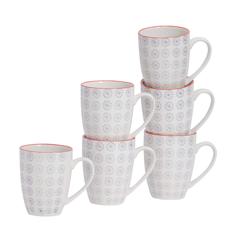 360ml Hand Printed Stoneware Coffee Mugs - Pack of Six - By Nicola Spring