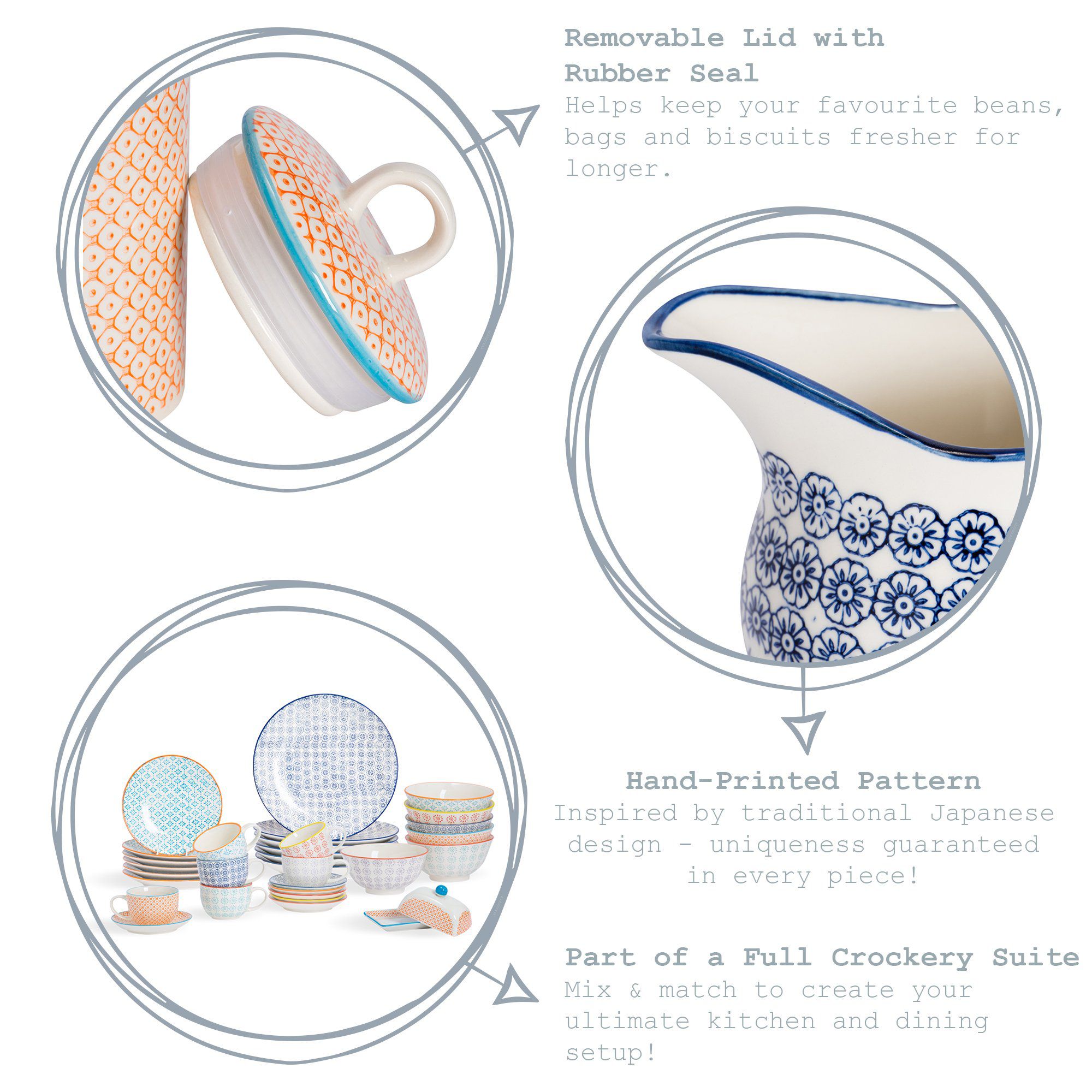 Hand Printed Stoneware Biscuit Barrels - Pack of Three