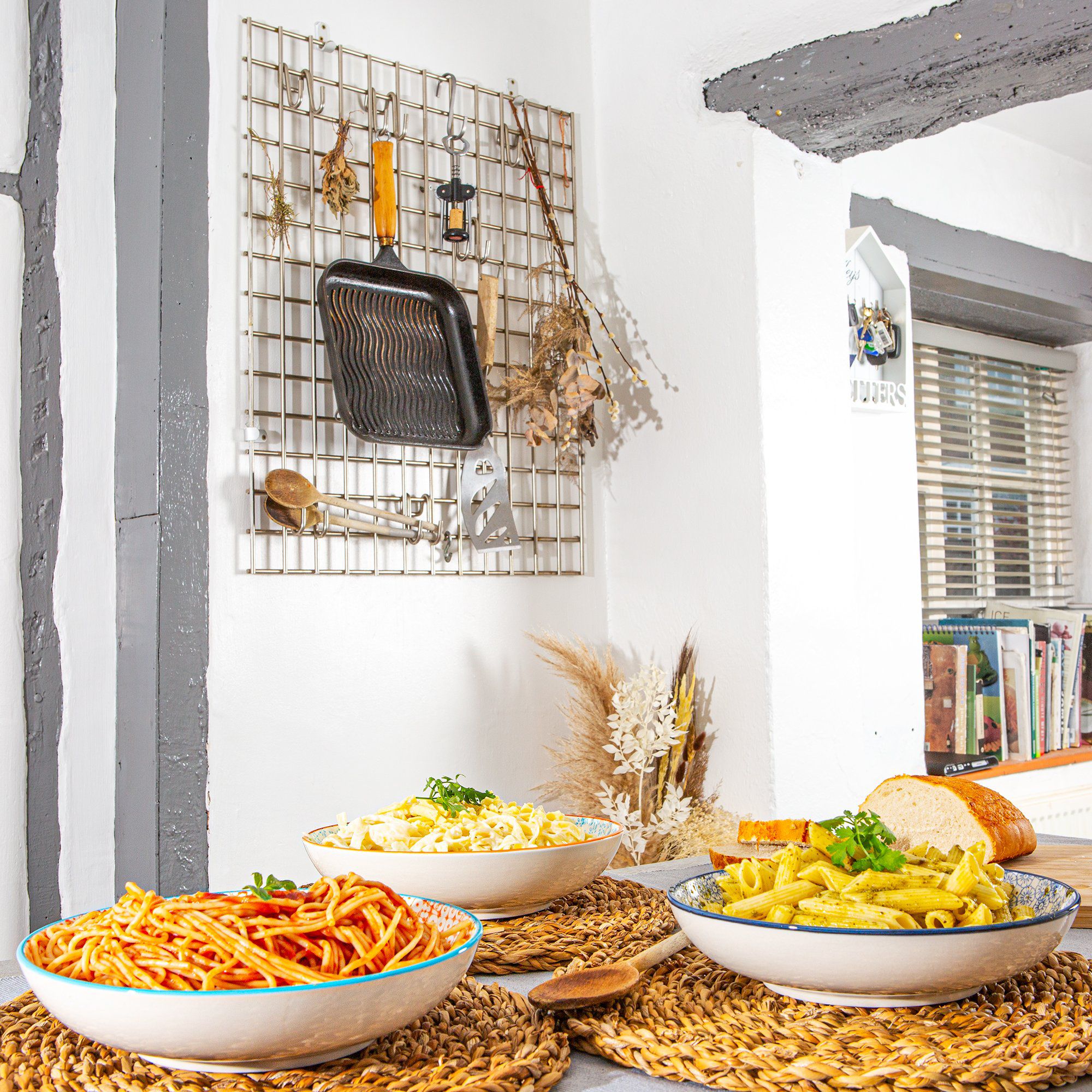 22cm Hand Printed Stoneware Pasta Bowls - Pack of Six