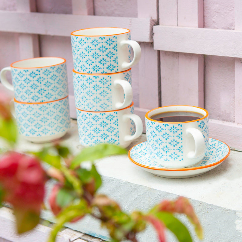 260ml Hand Printed Stoneware Stacking Teacups & Saucers - 6 Sets - By Nicola Spring