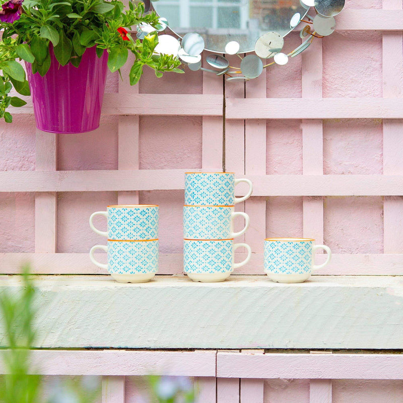 260ml Hand Printed Stoneware Stacking Teacups & Saucers - 6 Sets - By Nicola Spring