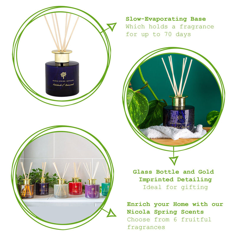 200ml Patchouli & Rosewood Glass Reed Diffuser - By Nicola Spring