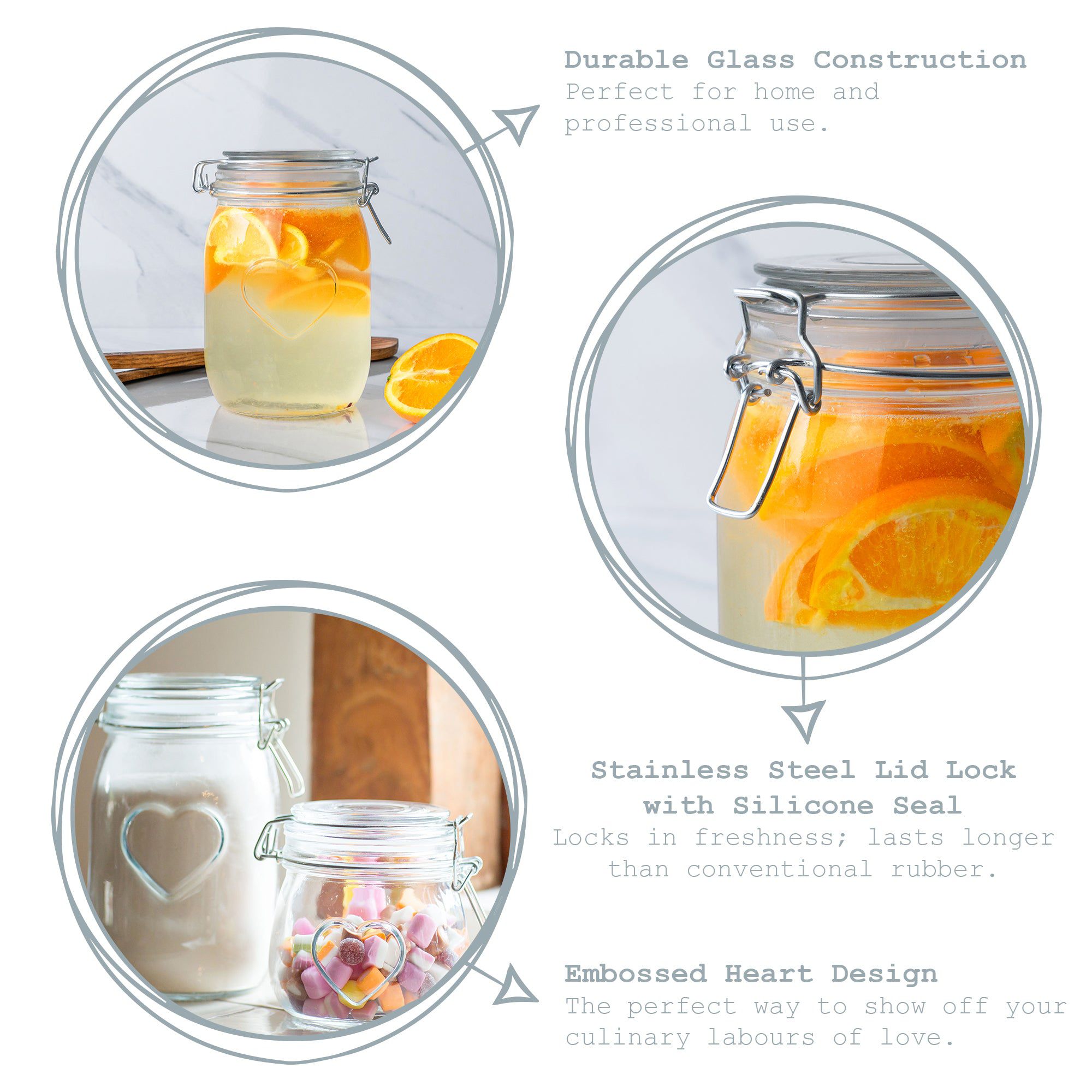 1L Air tight Glass Storage Jar with Embossed Heart Detail