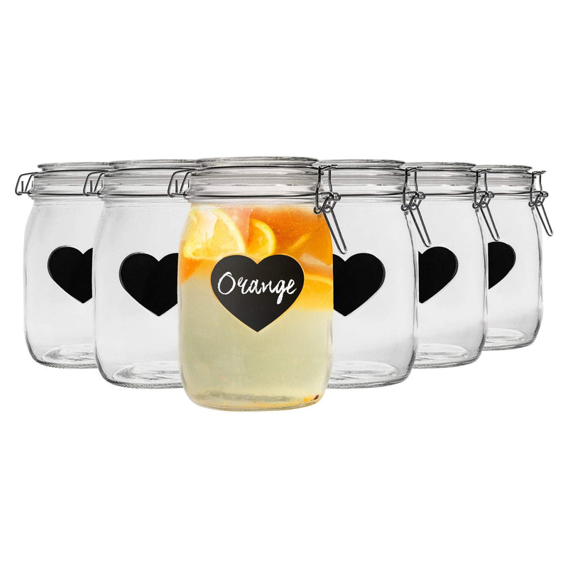 1 Litre Heart Glass Storage Jars with Labels - Pack of 6 - By Nicola Spring