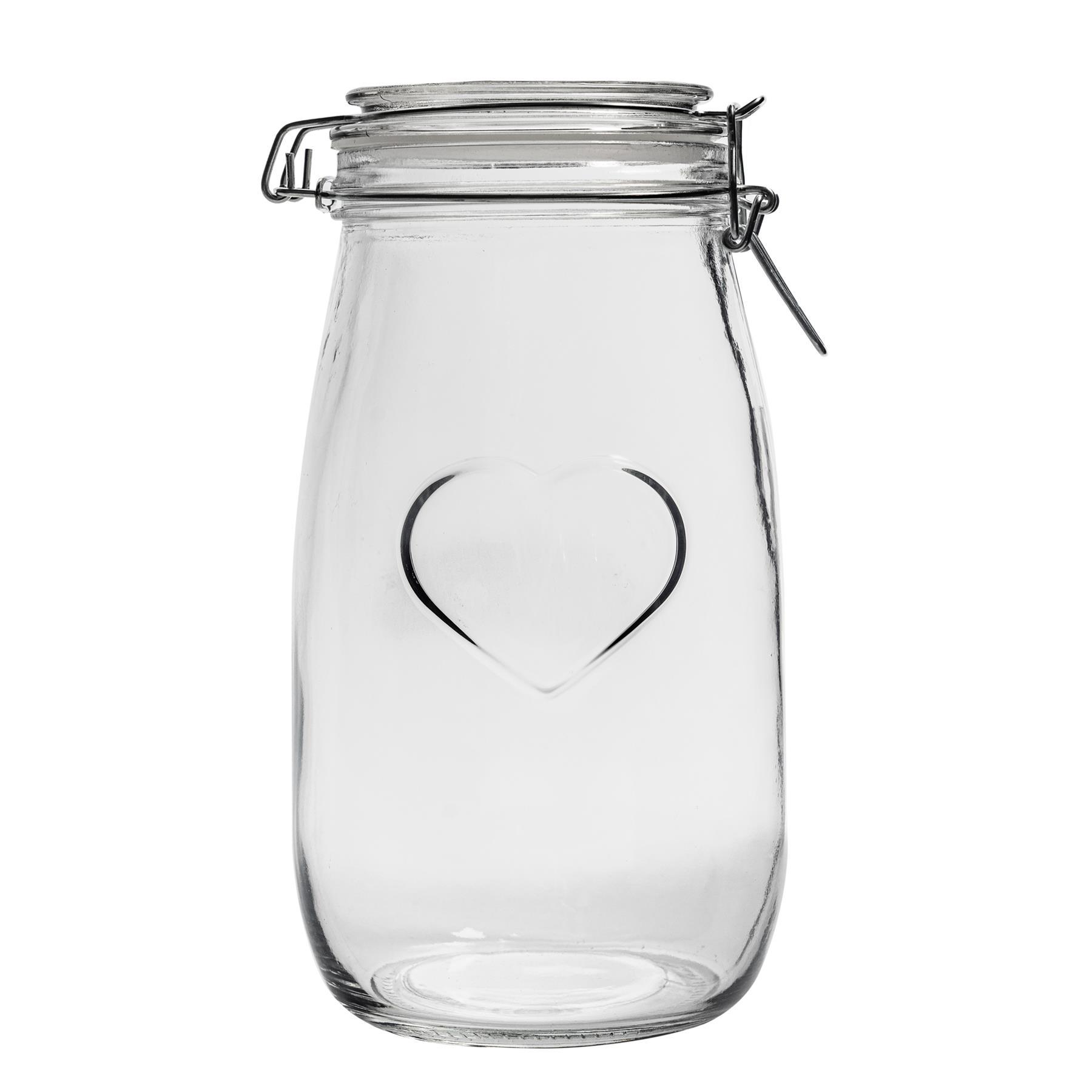 1.5L Air tight Glass Storage Jar with Embossed Heart Detail & Label - Pack of Six