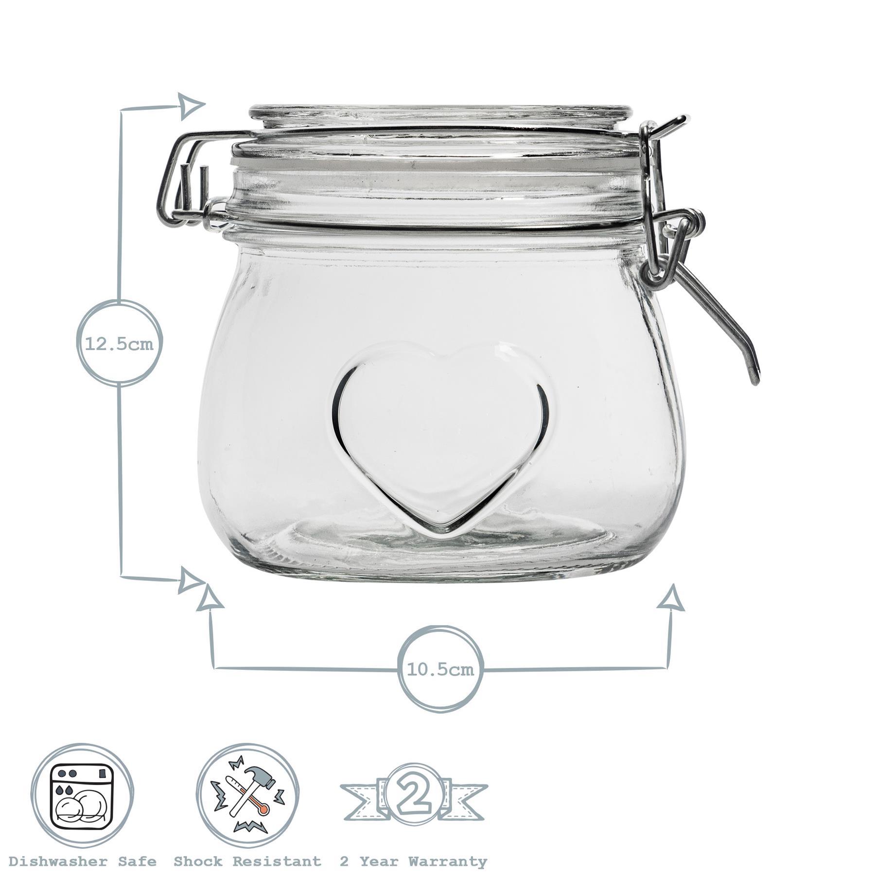 500ml Air tight Overnight oats Glass Storage Jar with Embossed Heart Detail & Label - Pack of Six