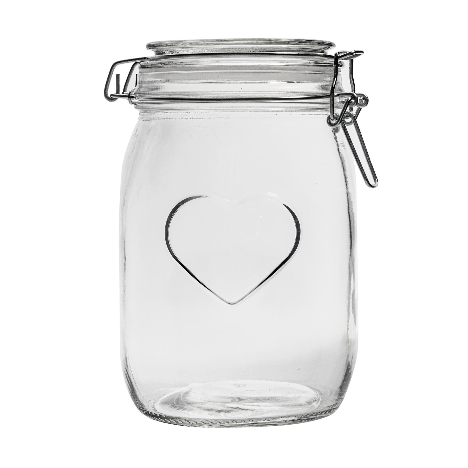 1L Air tight Glass Storage Jar with Embossed Heart Detail & Label - Pack of Six