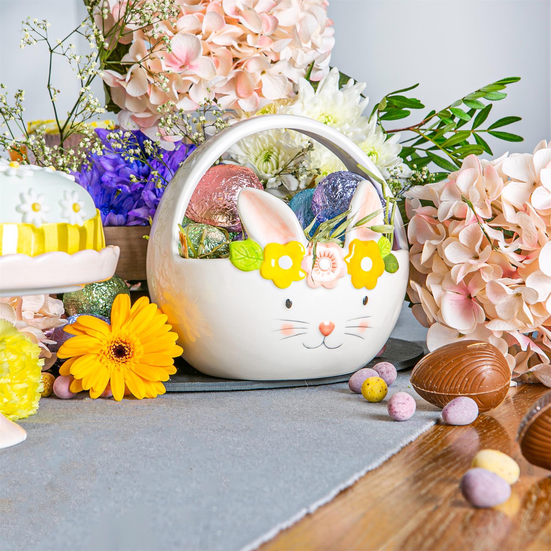 16.5cm Yellow Flower Bunny Dolomite Easter Basket