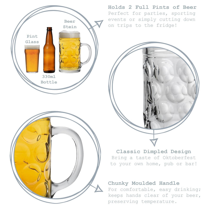 2 Pints Giant Glass German Beer Stein - By Rink Drink
