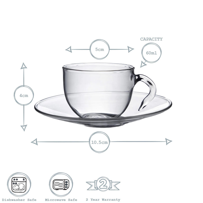 60ml Minimus Glass Espresso Cup & Saucer Set - 6 Sets - By Argon Tableware