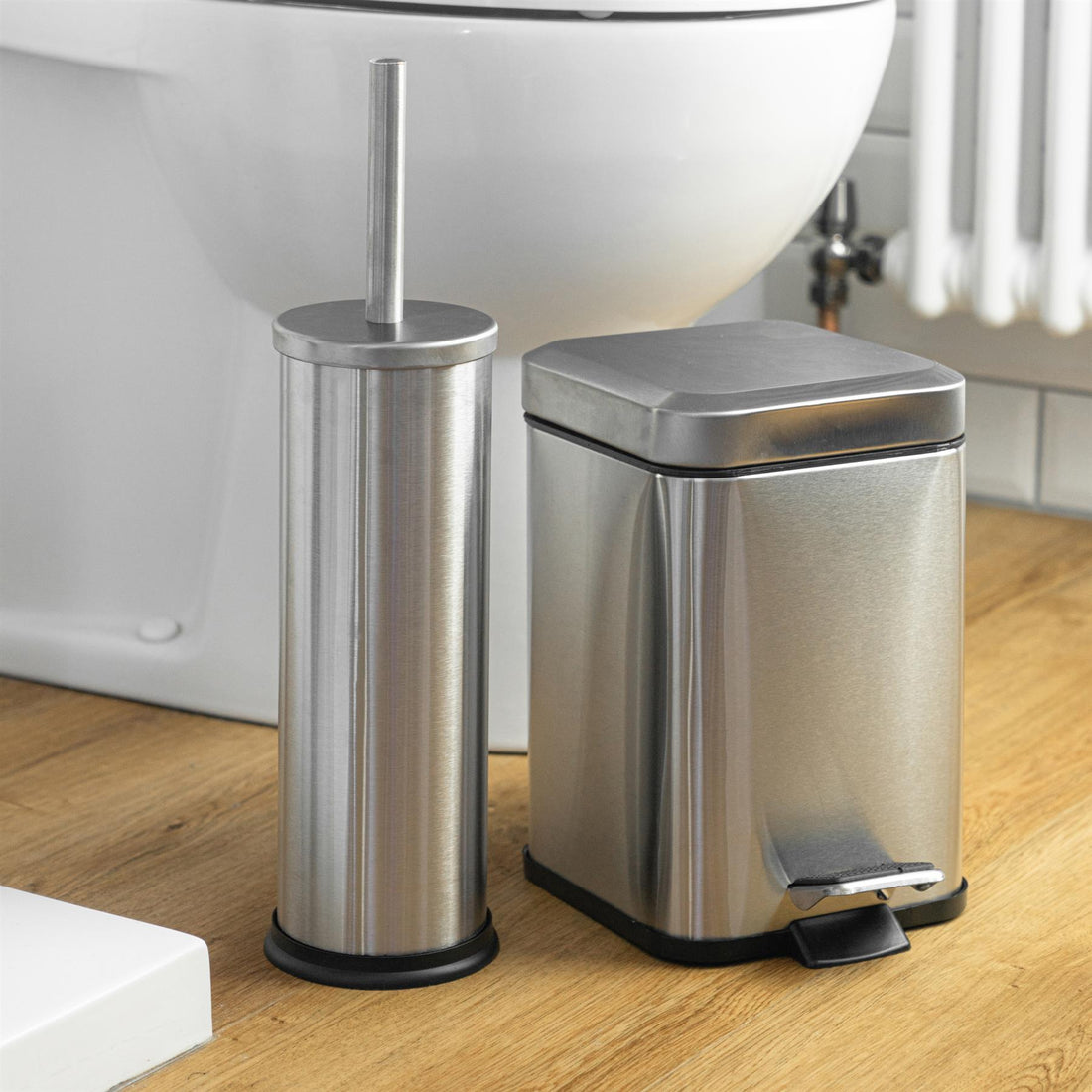 Brushed Steel Round Toilet Brush &amp; Square Bin Set