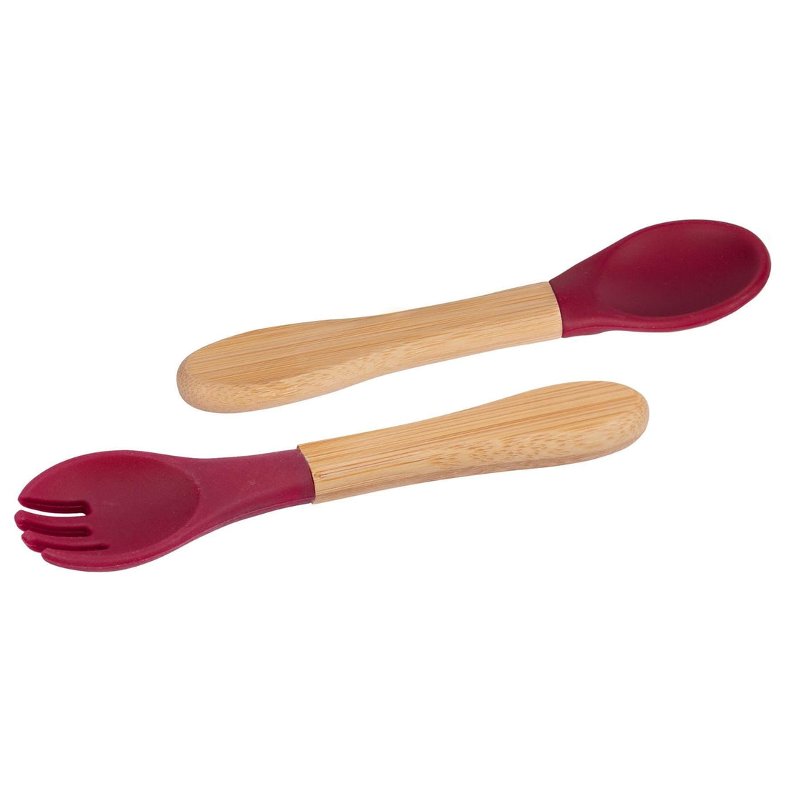 2-Piece Bamboo Baby Weaning Fork &amp; Spoon Set with Red Silicone Tips