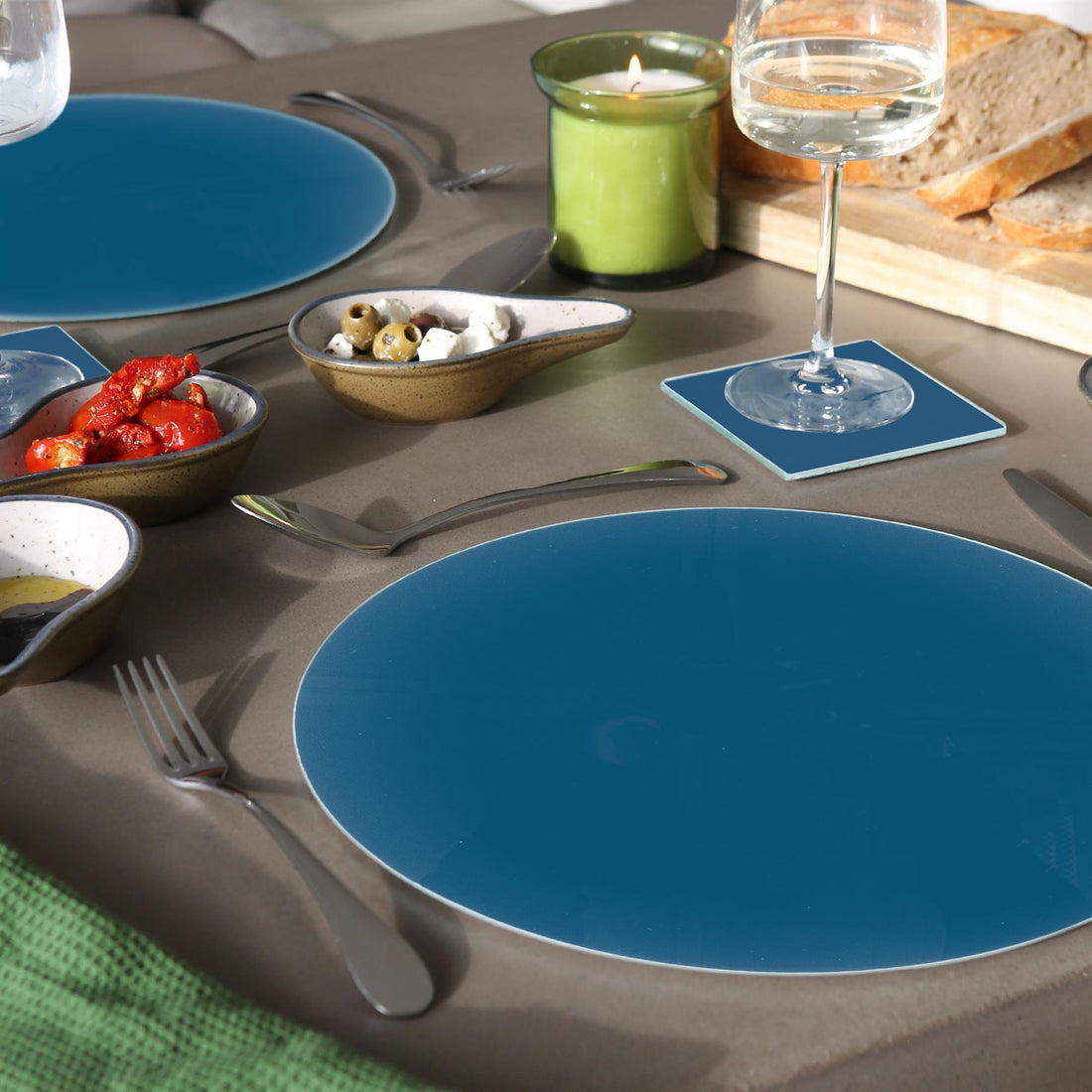 12pc Blue Round Glass Placemats &amp; Square Coasters Set