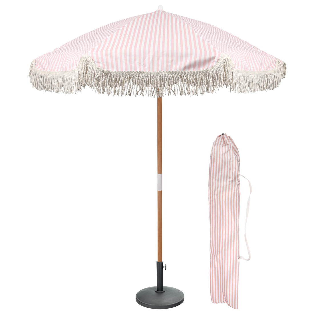 Pastel Pink Striped 1.4m Wooden Garden Parasol with Tassel Fringe &amp; Base