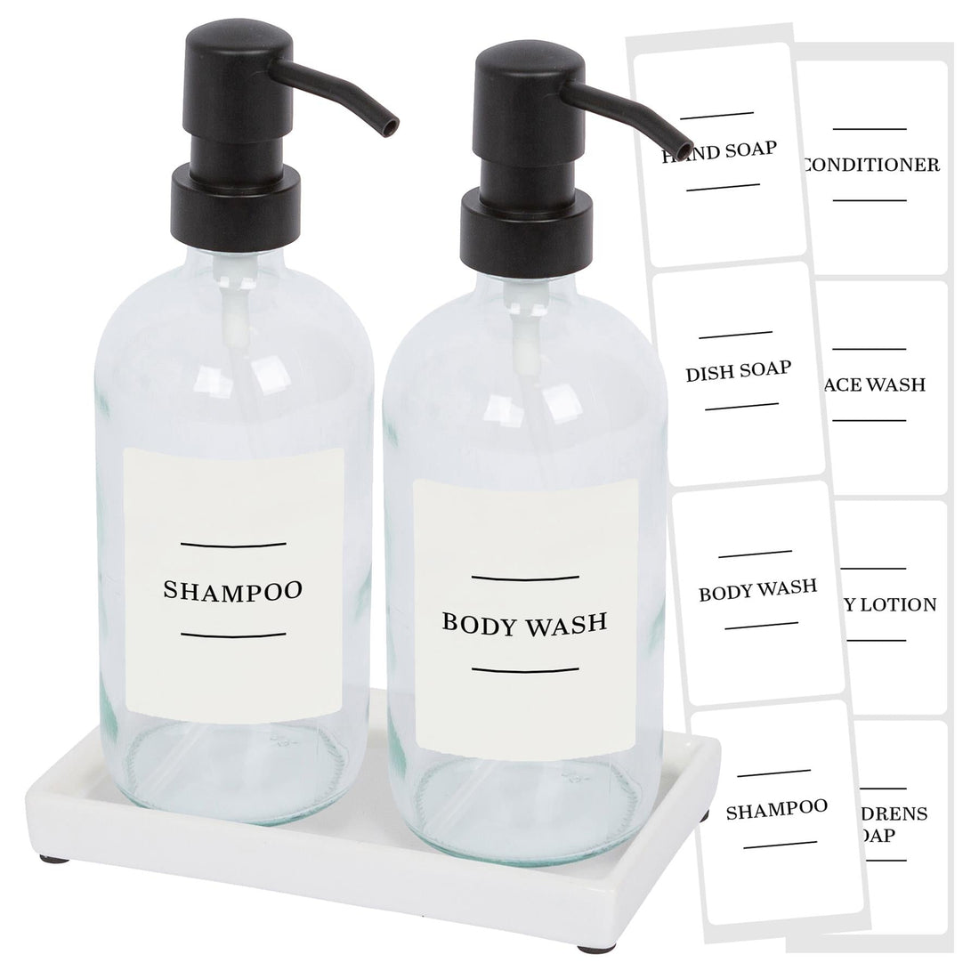 2pc 500ml Glass Soap Dispenser with White Labels &amp; Ceramic Tray