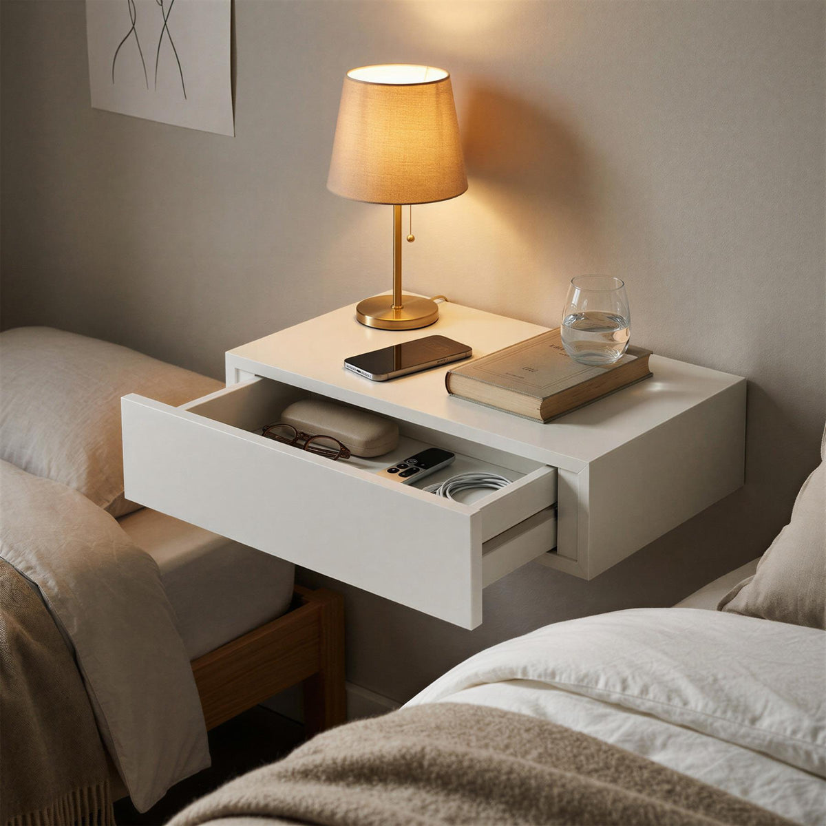Wooden Floating Shelf with Drawer - 40cm - White