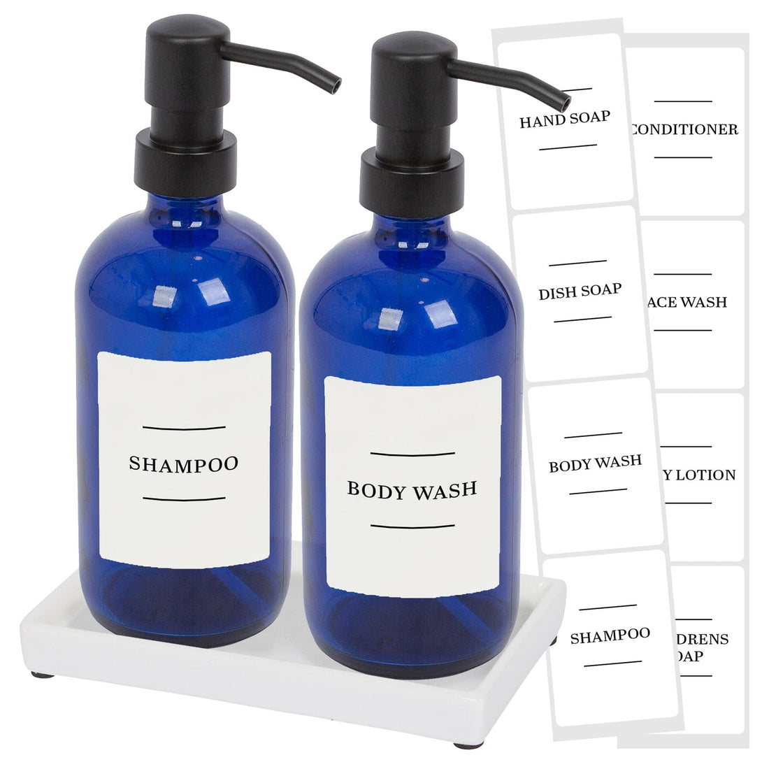 2pc 500ml Blue Glass Soap Dispenser with White Labels &amp; Ceramic Tray