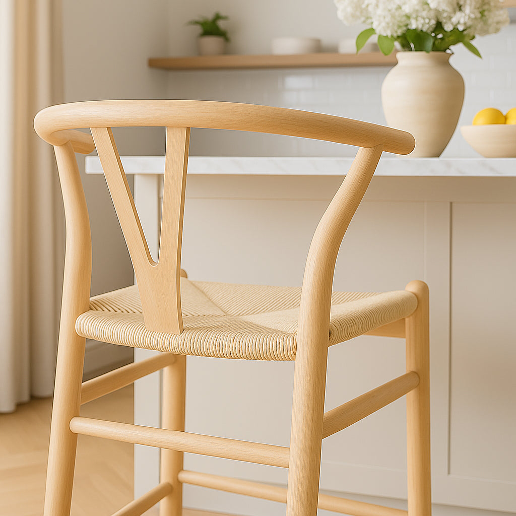 Beige Wooden Wishbone Bar Stool