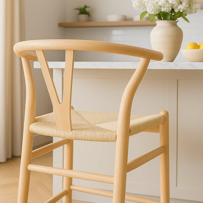 Beige Wooden Wishbone Bar Stool