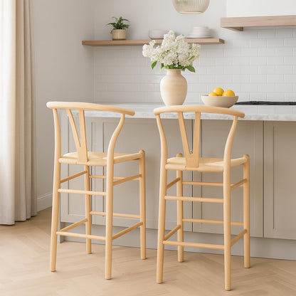 Beige Wooden Wishbone Bar Stool