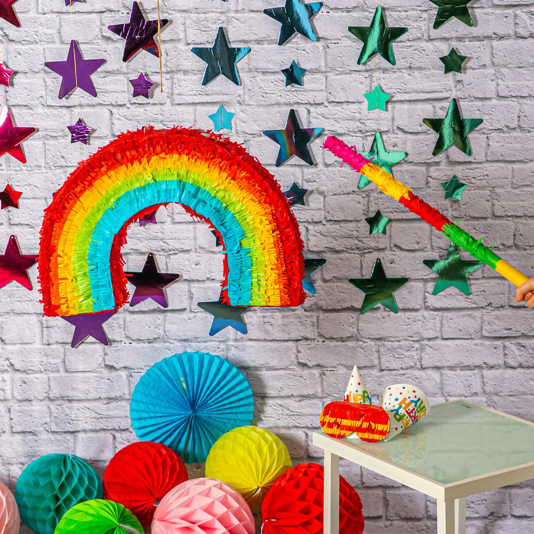 Large Rainbow Pinata Set with Blue Stick &amp; Blindfold