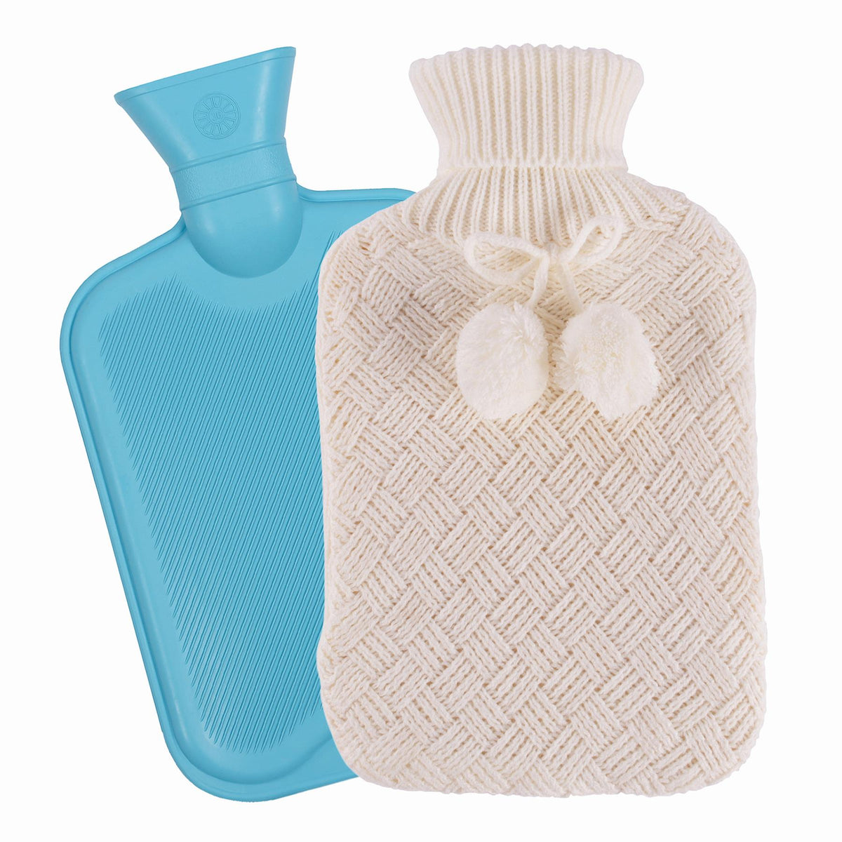Hot Water Bottle with Knitted Cover - 1.8L - Blue/Cream