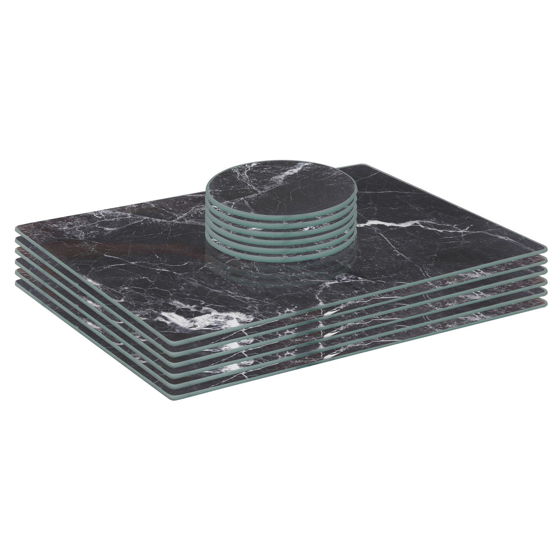 Black Marble-Effect 12-Piece Glass Placemat &amp; Coaster Set - 30cm x 20cm Rectangular Placemats &amp; Round Coasters
