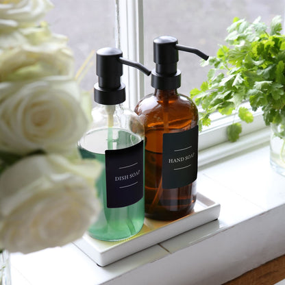 2pc 500ml Amber Glass Soap Dispenser with Black Labels &amp; Ceramic Tray