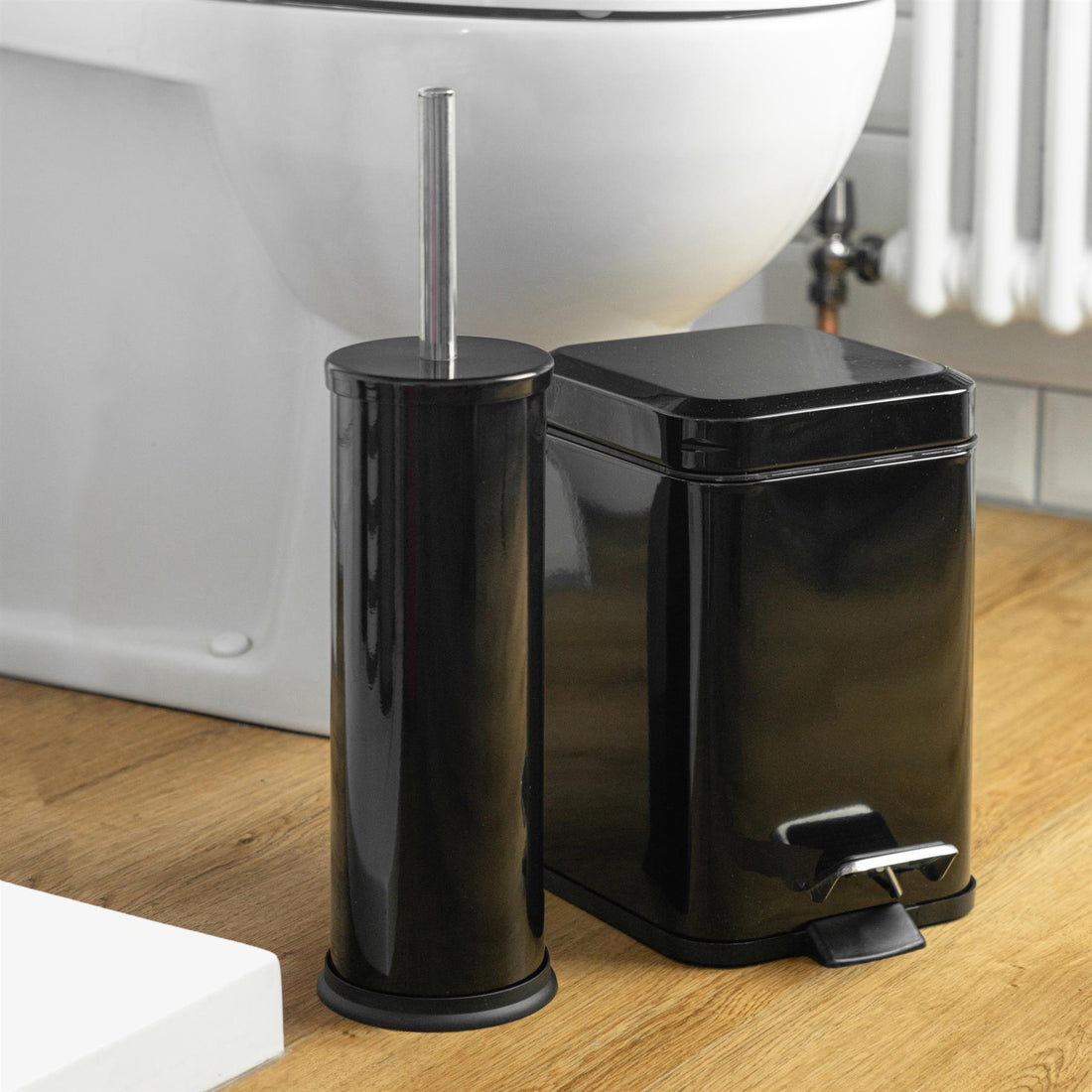 Black Round Toilet Brush &amp; Square Bin Set