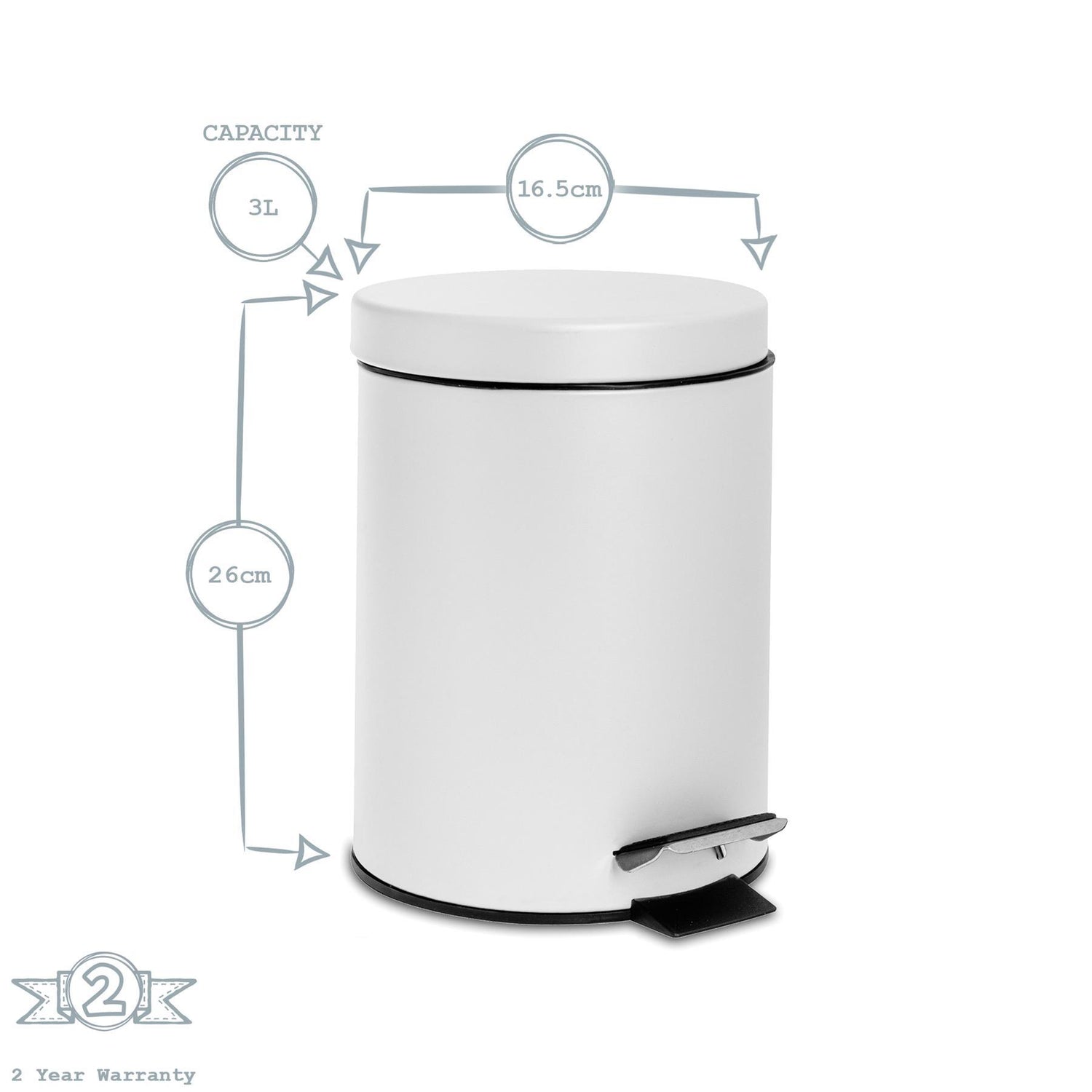 3L Matt White Round Stainless Steel Bathroom Pedal Bin