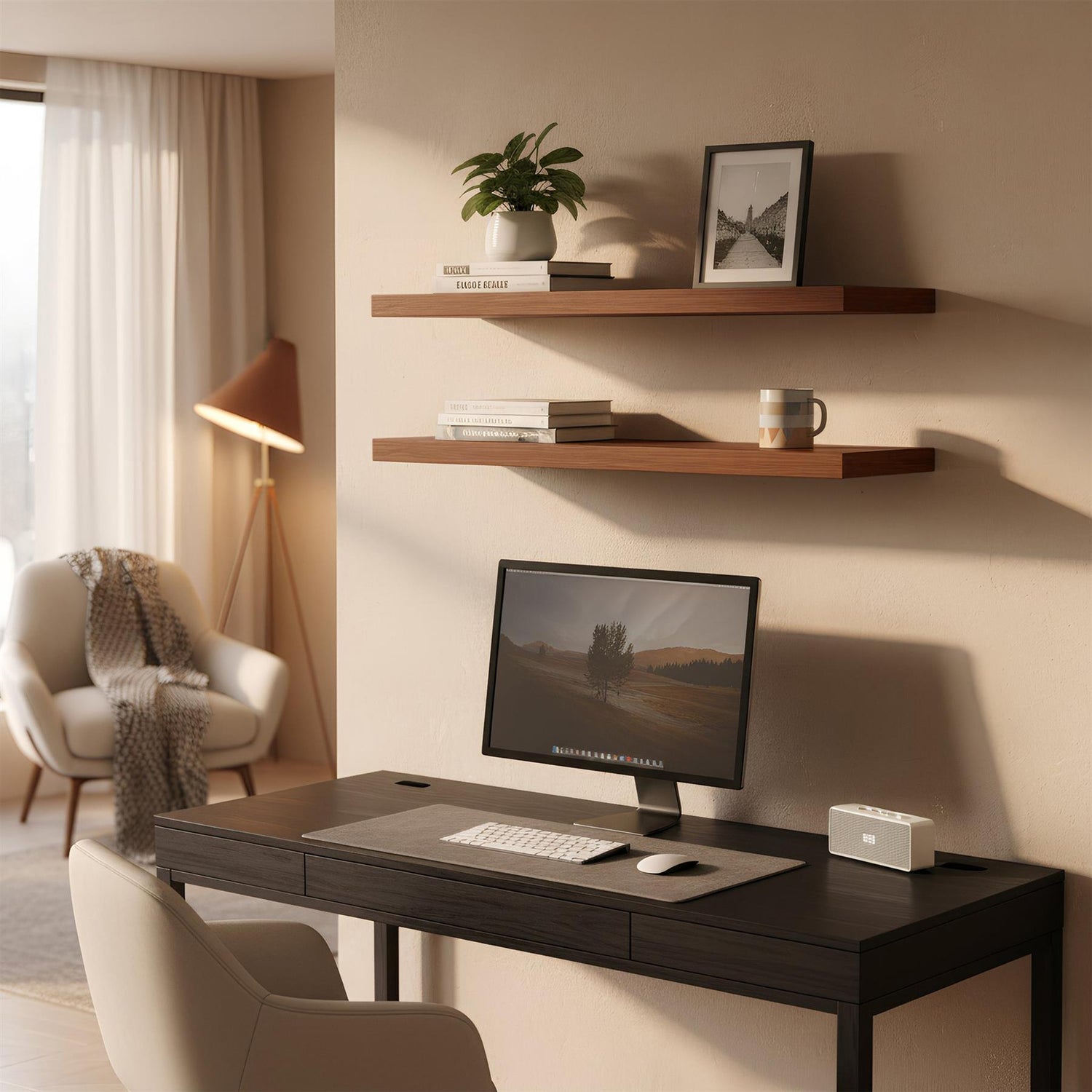80cm Walnut Modern Floating Shelves - Pack of Two