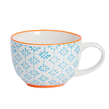 250ml Blue Hand-Printed Stoneware Cappuccino Cups - Pack of Six