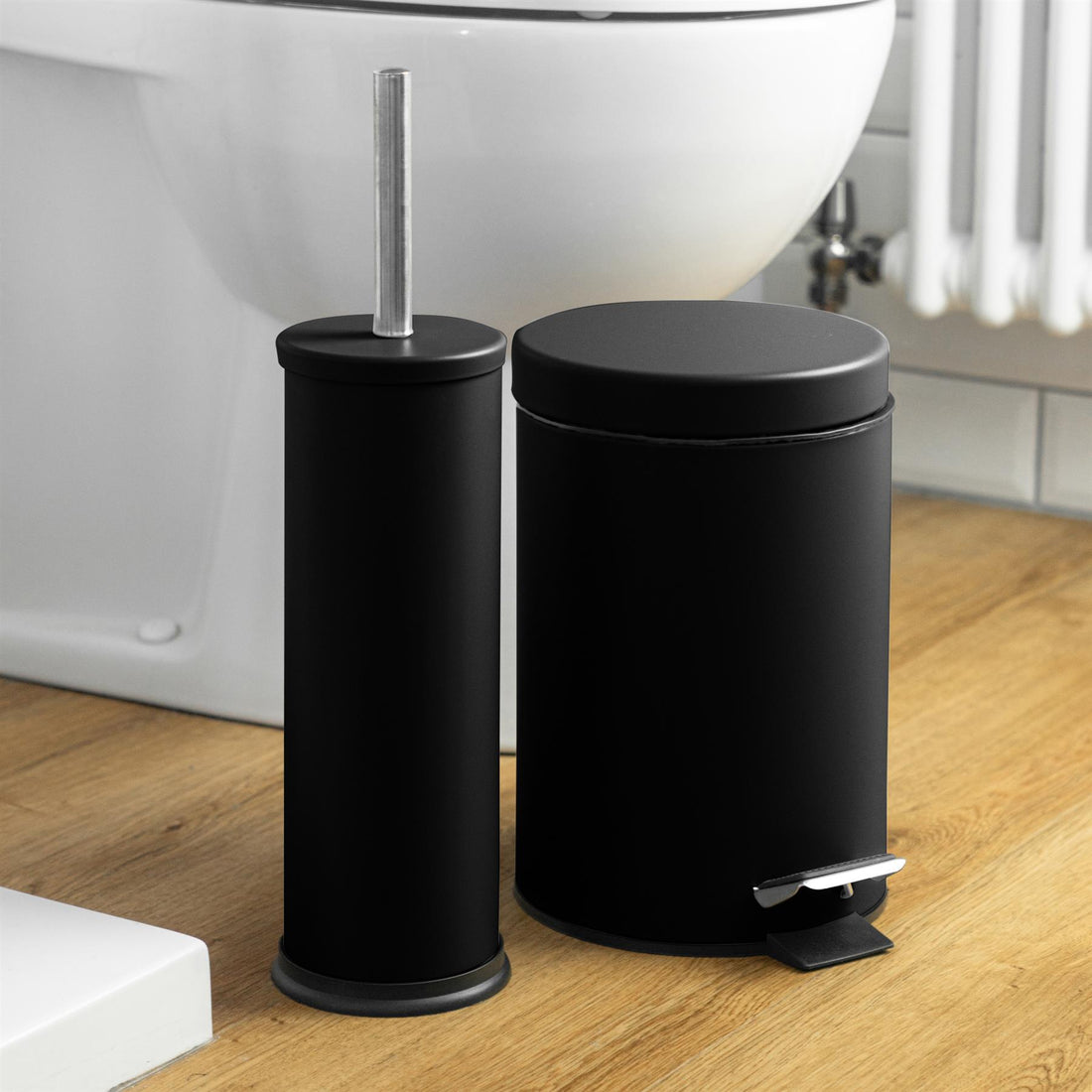 Matt Black Round Stainless Steel Toilet Brush &amp; Bin Set