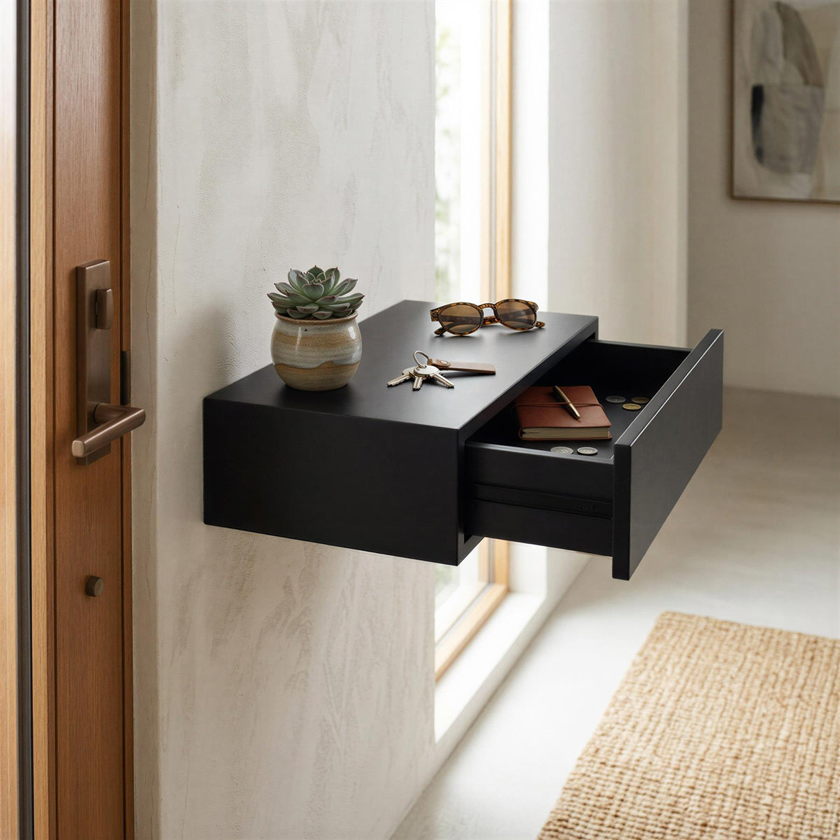 Wooden Floating Shelf with Drawer - 40cm - Black