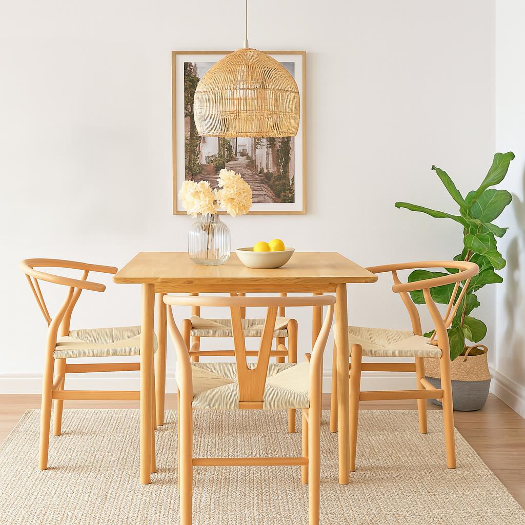 5pc 90cm Square Beige Wooden Table &amp; Beige Wishbone Chair Dining Set