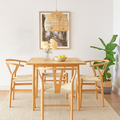5pc 90cm Square Beige Wooden Table &amp; Beige Wishbone Chair Dining Set
