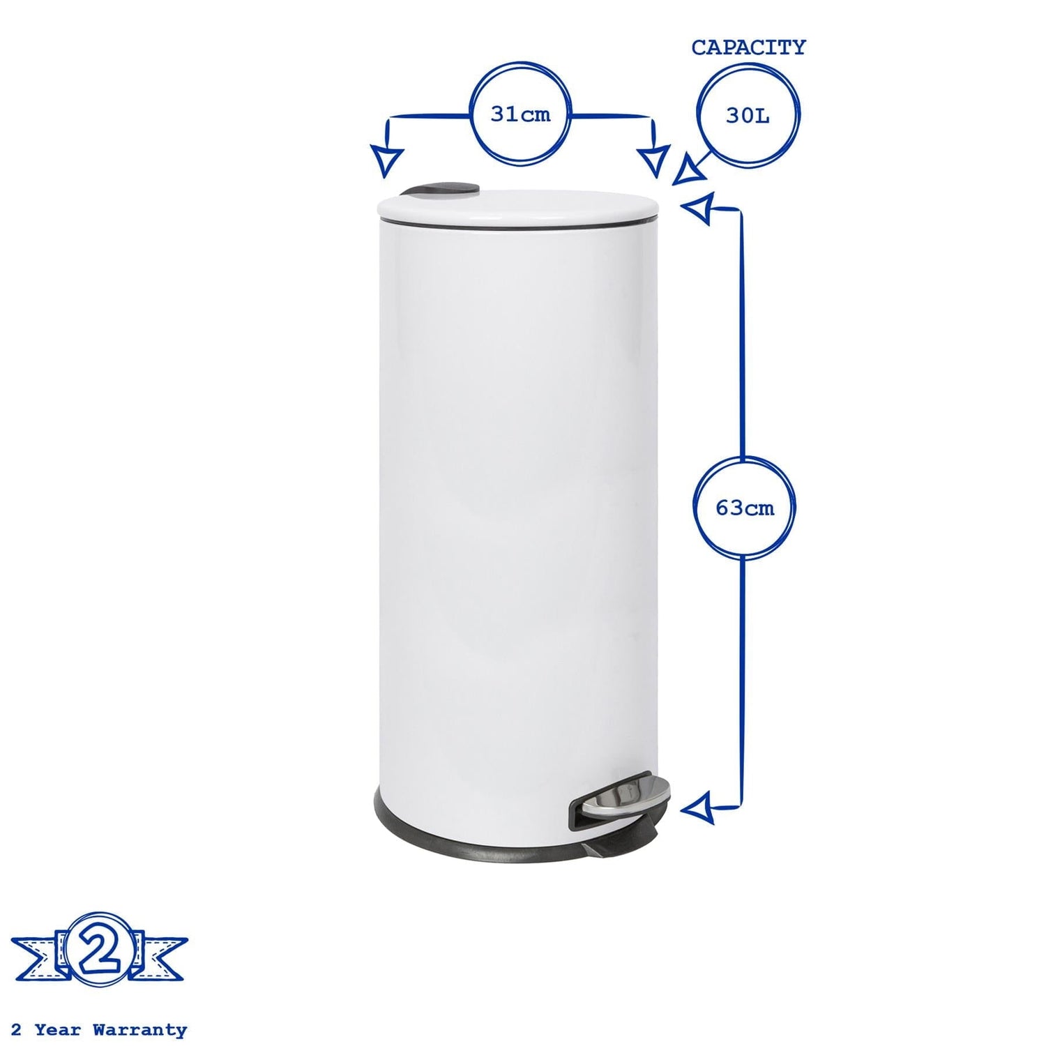 30L White Round Stainless Steel Kitchen Pedal Bin
