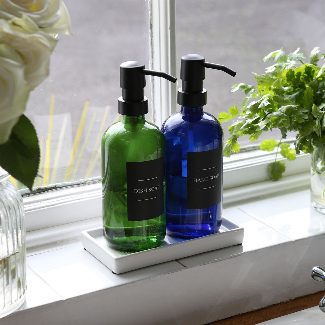 2pc 500ml Green Glass Soap Dispenser with Black Labels &amp; Ceramic Tray